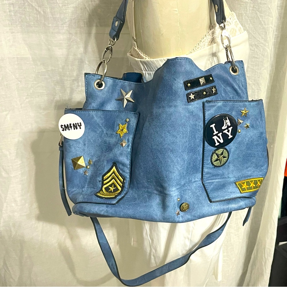 Rare Steve Madden Large Blue-Denim Color Tote Bag purse army style bag crossbody